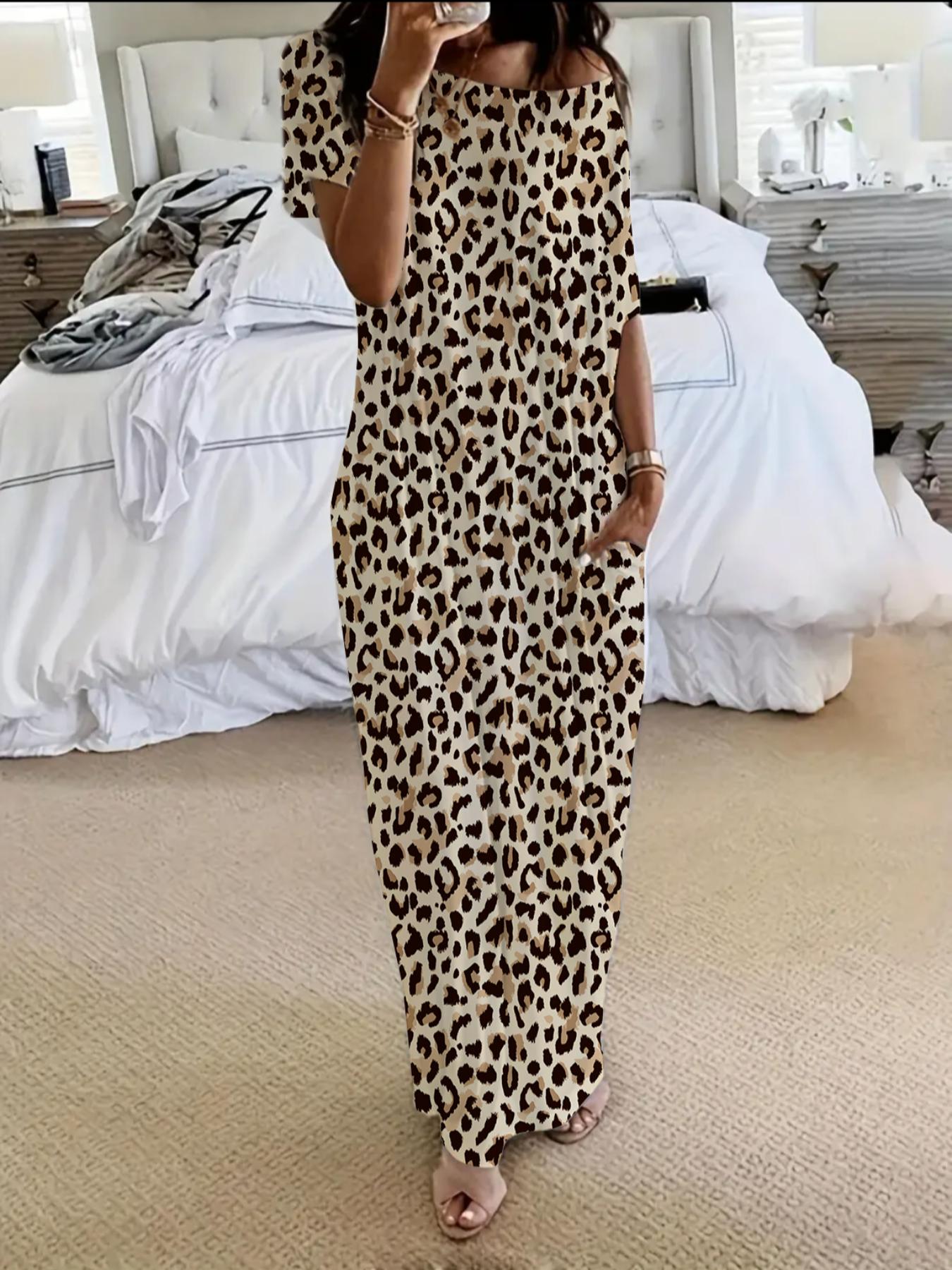 Women's Tie-Dye Butterfly Heart Print Sleepwear, Lady Leopard Coffee Color Round Neck Loose Fit Pajamas, Comfortable Soft Loungewear, Homewear