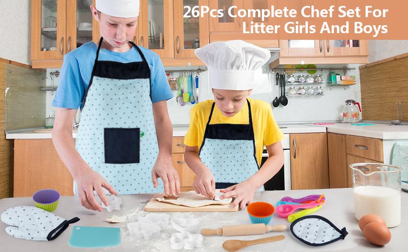 Vanmor Kids Cooking and Baking Sets, Kids Aprons Sets for Girls and Boys Chef Hat Apron ,Dress Up Chef Costume，Parent-Child Entertainment kitchenset for kids play kitchen clothingbedstoyschildren