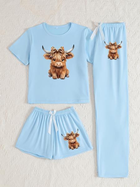Cartoon Highland Cow Print Women's Pajama Sets, Casual All Seasons Nightwear, Fitted Knitted Fabric Sleepwear
