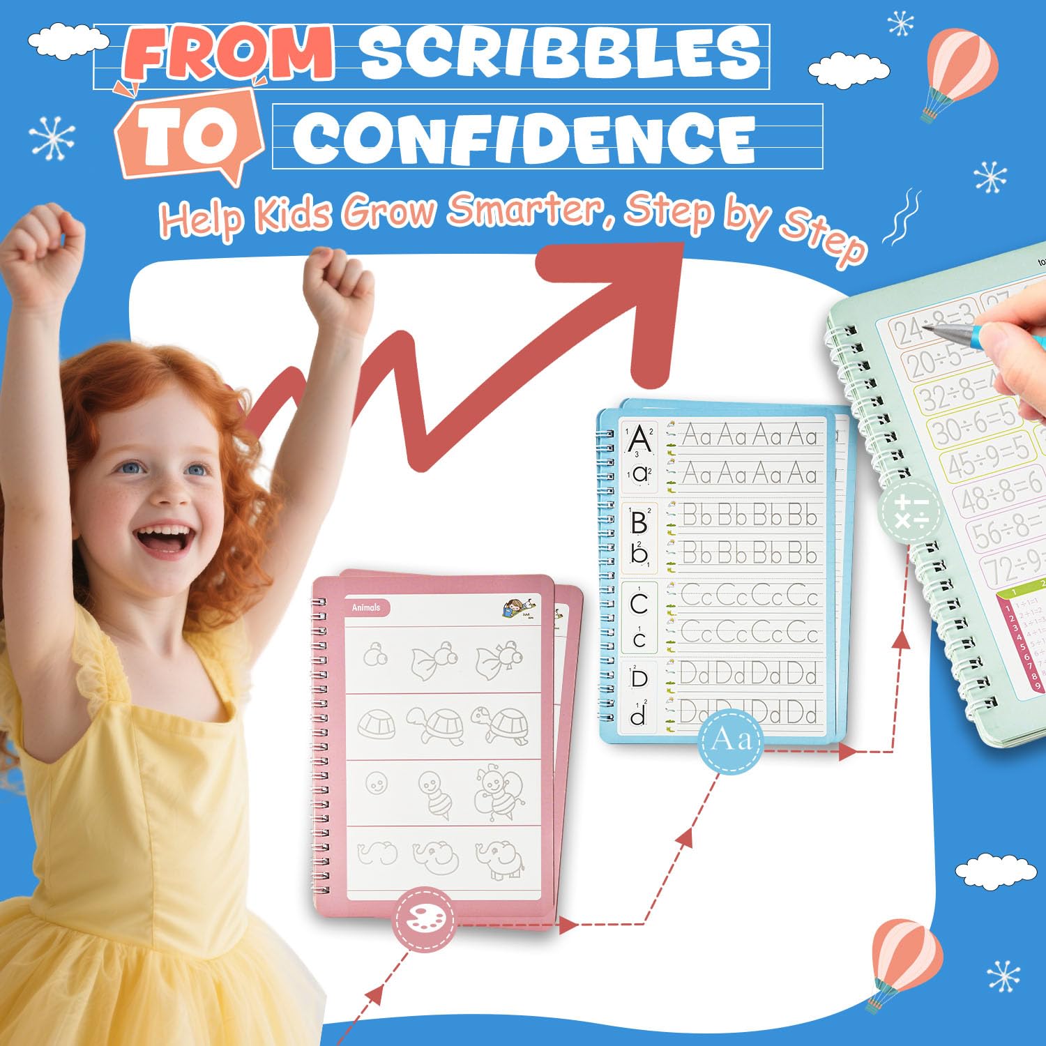 Magic Grooved Writing Books for -Handwriting Practice for  5-8 - Tracing Books for  Ages 3-5 - ,  Learning-Letters, Numbers, Math, Drawing (Blue Box, 10.3 in x 7.3 in)