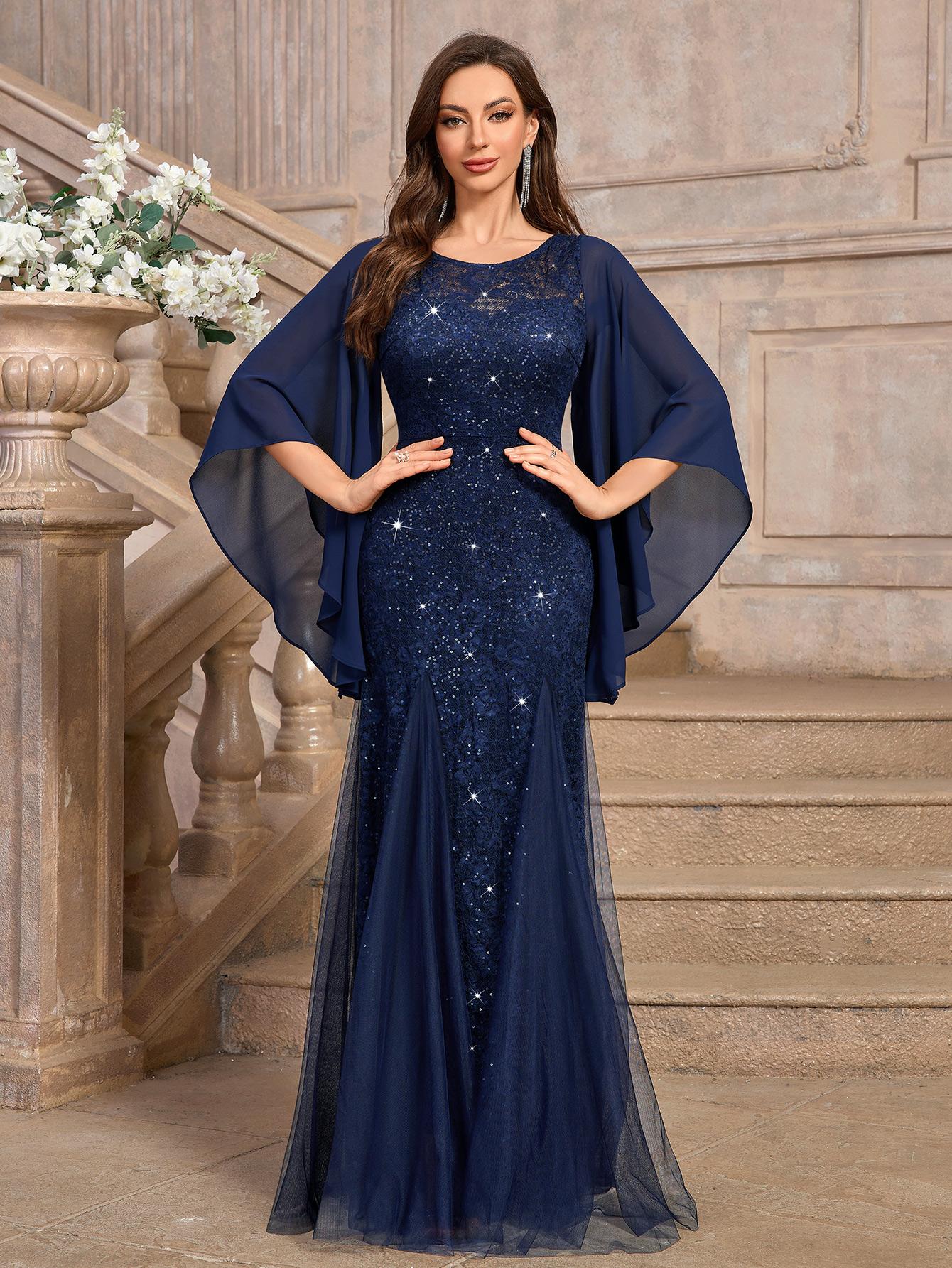 MIUSOL 24438A Women's Sequin Lace Tulle Hem Formal Evening Mermaid Hem Maxi Dress