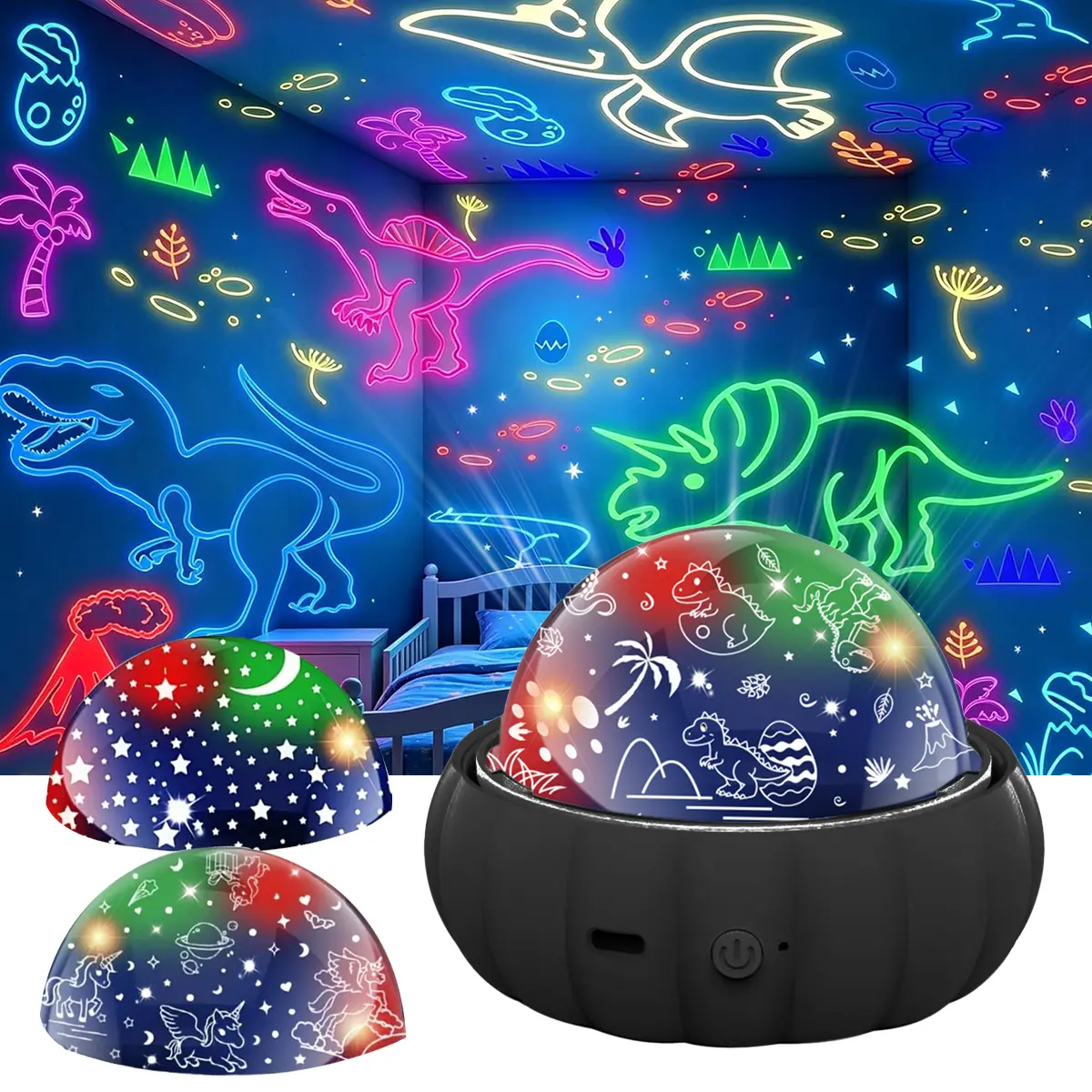 Kids Star Projector Night Light – 3 Interchangeable Themes Dinosaur Unicorn Starry Sky, 7 Lighting Modes, 360° Auto Rotation, Sleep Timer, USB Rechargeable, Christmas Bedroom Decor Gift for Boys Girls