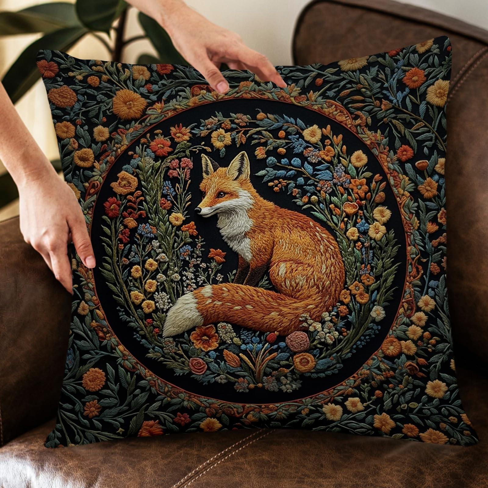 1pc Retro Floral and Fox Decorative Throw Cushion Cover, Zippered closure, Machine washable, Suitable for living room, bedroom, sofa, car decoration, seat cushion cover (only includes the cover, not including the pillow core).