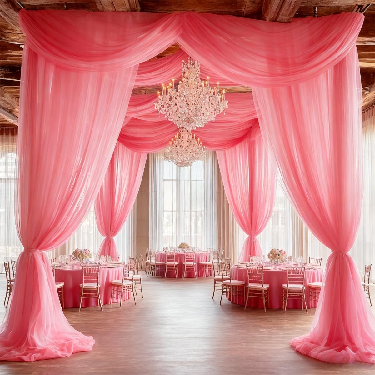 This romantic wedding tulle fabric is lightweight and flowy, creating a beautiful ambiance. Suitable for wedding arches, banquet venues, tent decorations, and can also be used for birthday parties, holidays, and ceiling hangings.