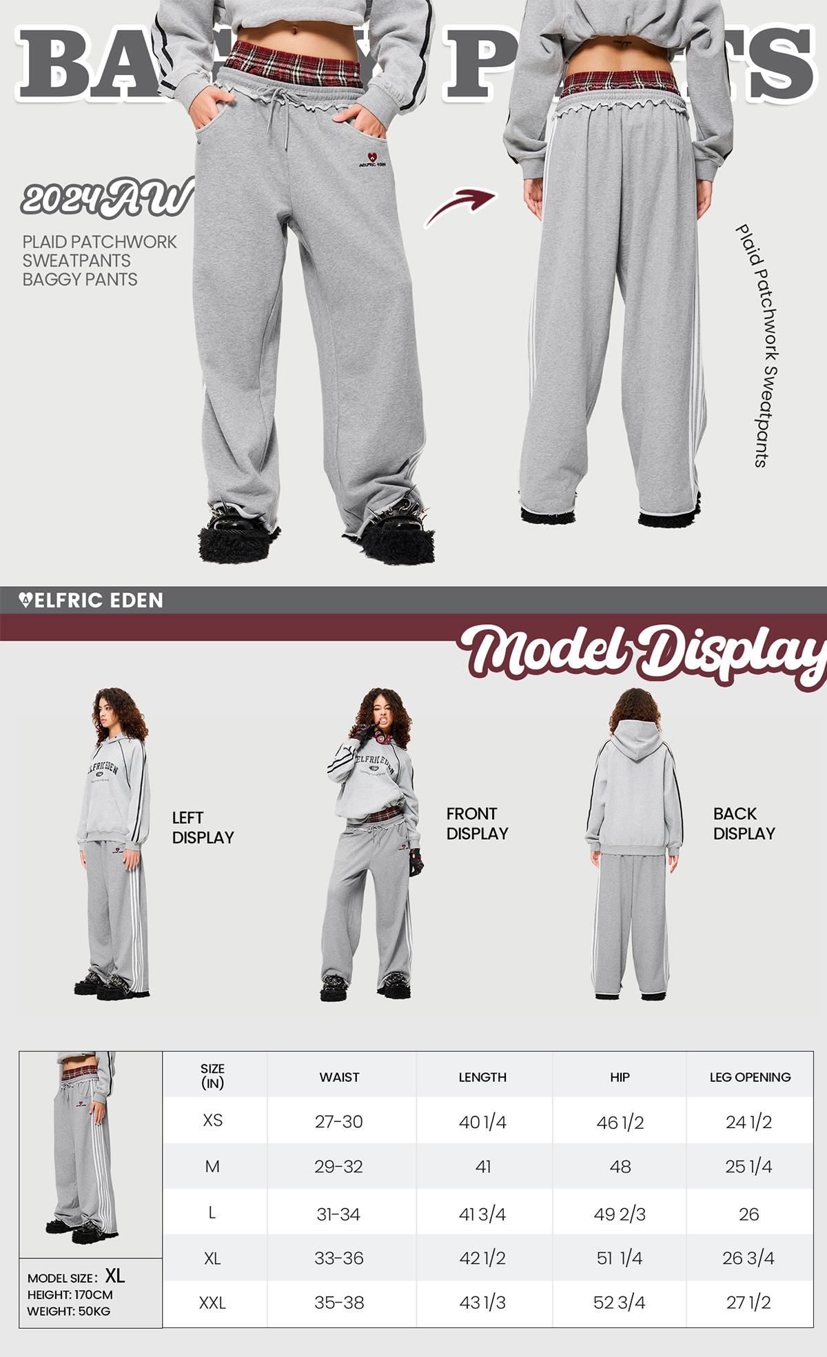 Aelfric Eden Women's Double Waist Plaid Patchwork Cotton SweatPants Baggy Wide Leg Long Pants with Pockets Fitted Casual Bottoms