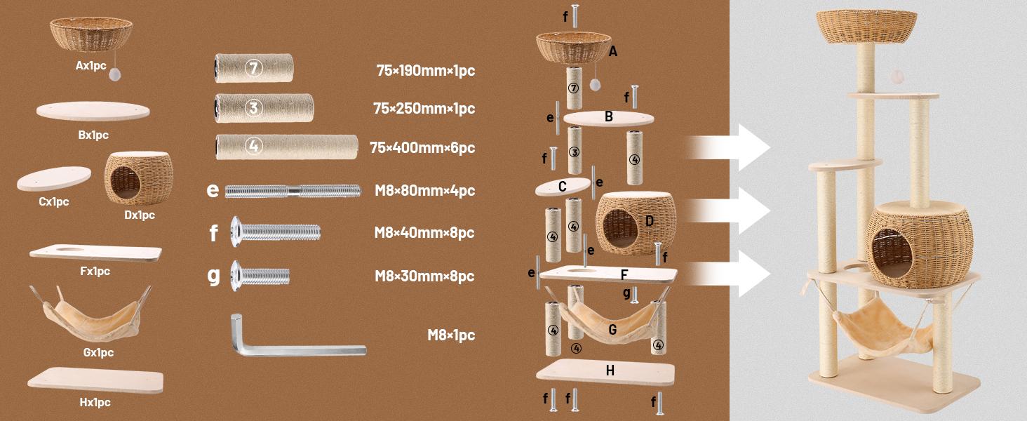 Multi - Level Rattan Cat Tree Tower with Scratching Posts & Lounging Areas for Indoor Cats