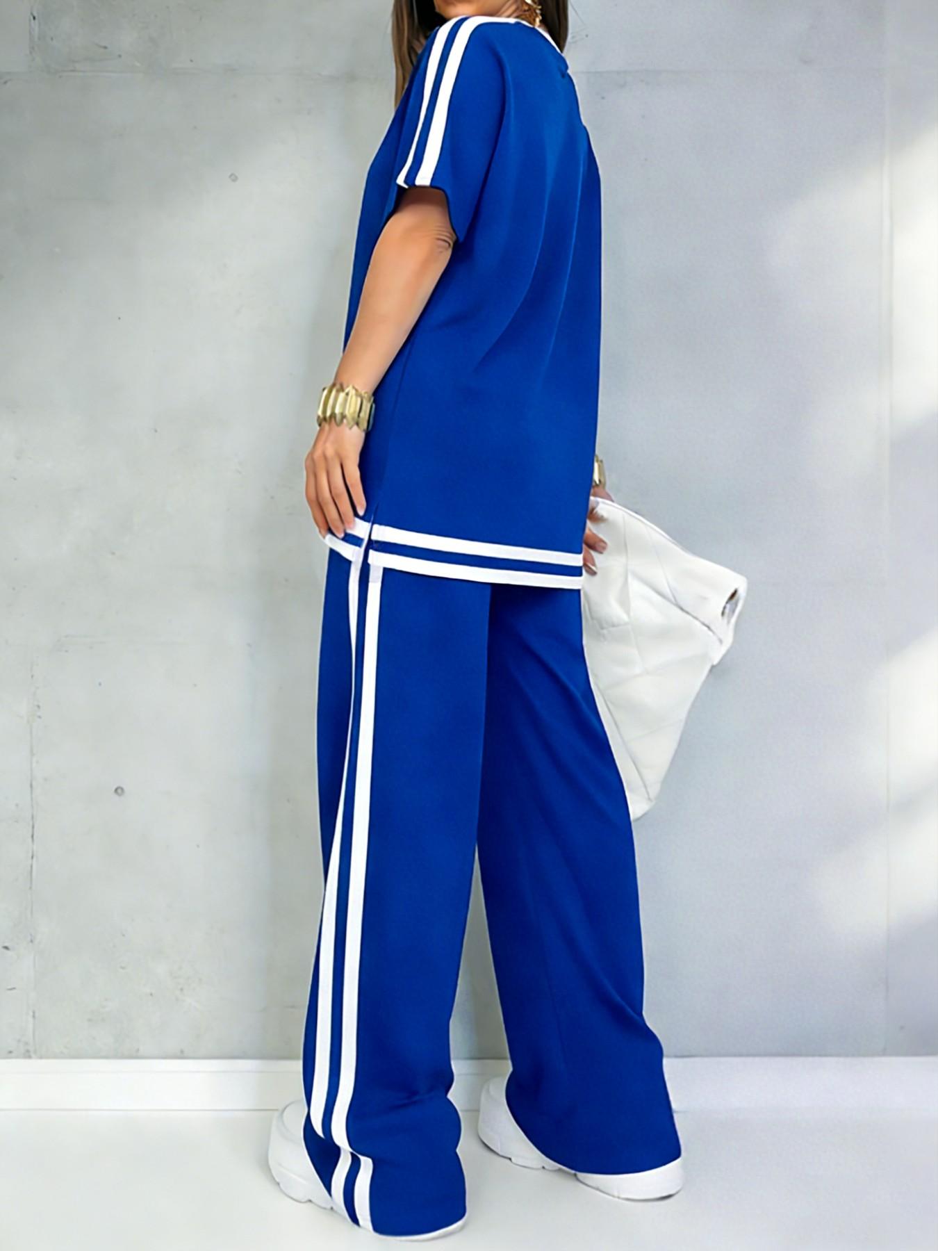 Women's Casual Athleisure Sportswear Set, Solid Color Round-Neck Short-Sleeve Split-Hem Top and Striped Long Pants, Spring/Summer Two-Piece Set Women's Casual Athleisure Sportswear Set, Solid Color Round-Neck Short-Sleeve Split-Hem Top and Striped Long Pants, Spring/Summer Two-Piece Set