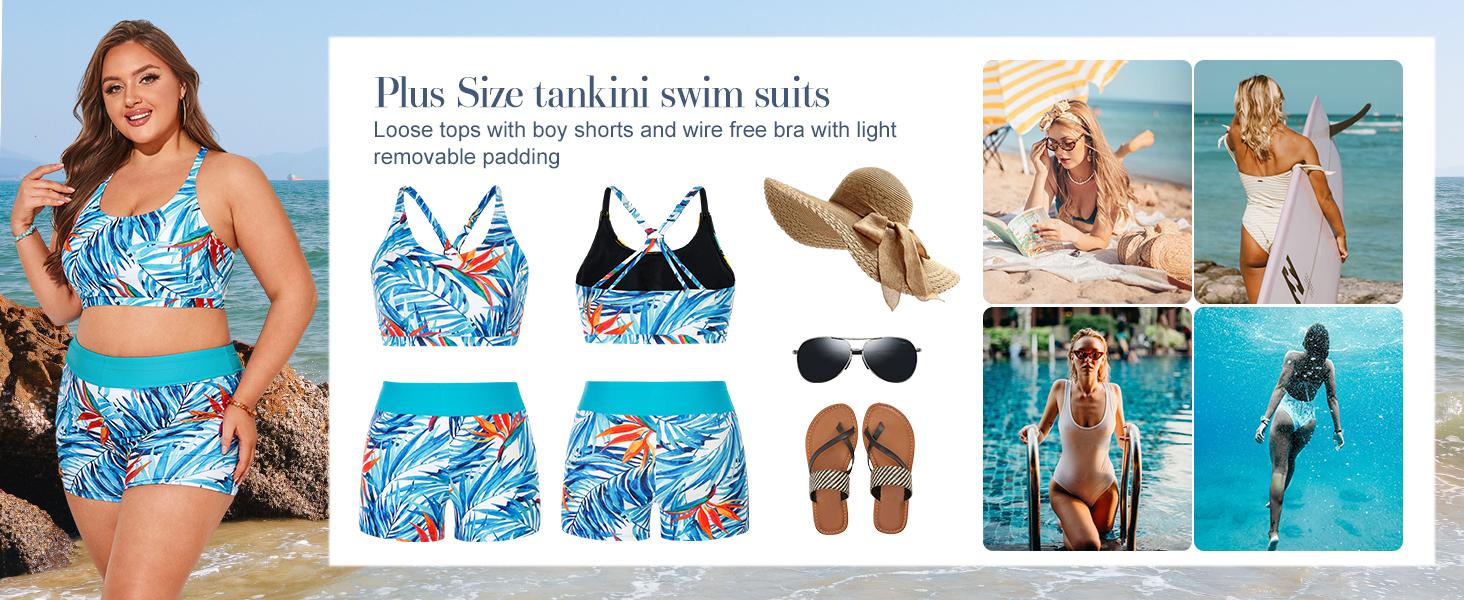 【3pcs & 16-28W】Hanna Nikole Women Plus Size 3pcs Set Tummy Control Swimsuit Hollowed-Out Tank Top+Cropped Tops+Briefs Tankinis Tankinisuit SpringStatements