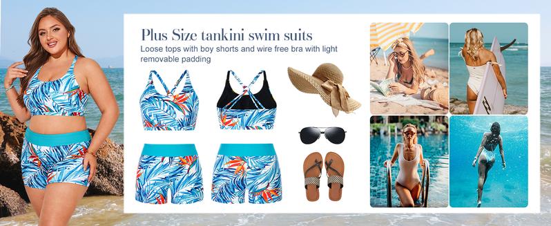 【3pcs & 16-28W】Hanna Nikole Women Plus Size 3pcs Set Tummy Control Swimsuit Hollowed-Out Tank Top+Cropped Tops+Briefs Tankinis Tankinisuit