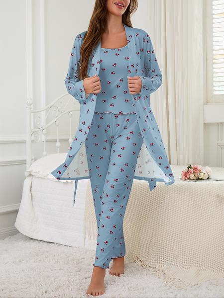 Cherry Print Women's Nightgown Set + Strap Pants, Comfortable Casual Home Wear, All-Season Fitted Sleepwear, Moderate Fabric