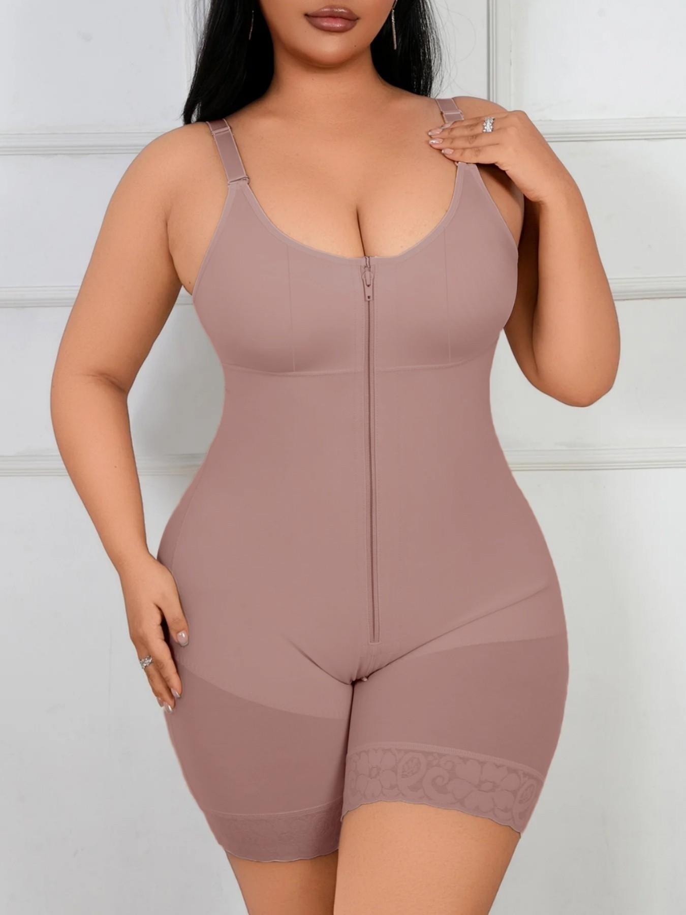 Lace Tummy Control Shapewear Bodysuit, Fajas, Colombian Shapewear, High Compression Shapewear, Butt Lifter Body Shaper With Zipper Crotch, Detachable Shoulder Strap Jumpsuit, Solid Waist Trainer, Underwear, Suitable For Daily Wear, Fitness