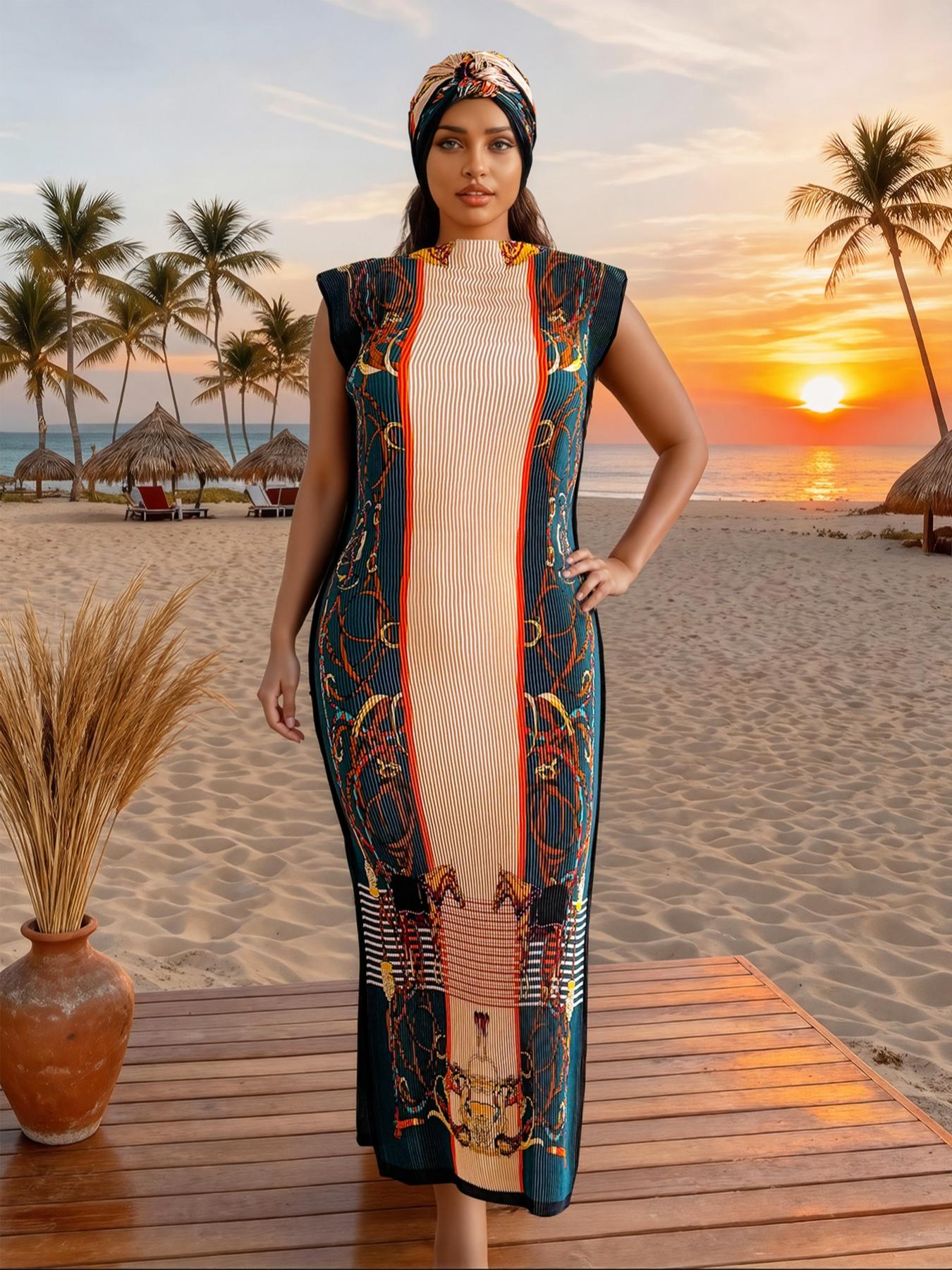 Elegant Pleated Fit and Flare Moo Moo Long Dress with Equestrian Print, Complete Set with Shawl and Long Silk Scarf for Beach Sun Protection, Beach Cover Ups, Swimsuit Cover Up