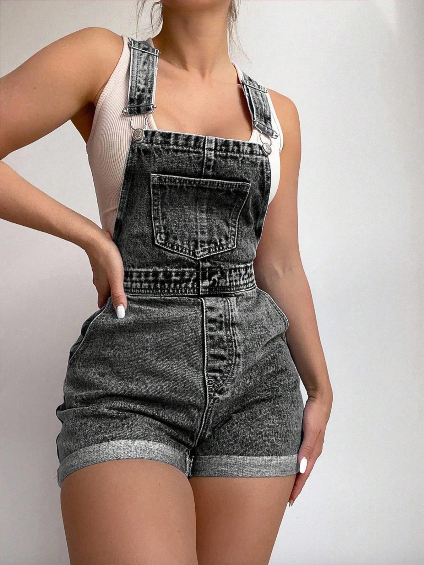 Women's Casual Roll Up Hem Denim Overalls Strap, Jeans Overalls, Shorts Bib Overalls, Vintage Denim Backless Shorts, High-Waisted Roll-Up Hem Casual Style, Loose-Fitting, Comfortable Fit, Perfect for Daily Wear, Adjustable, Baggy
