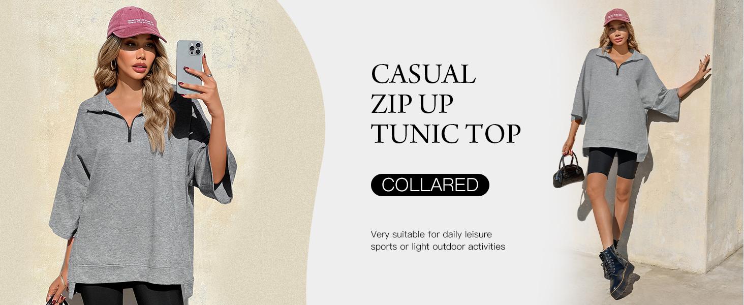 FISOEW Womens Oversized Sweatshirt Casual Zip Up V Neck 3/4 Sleeve High Low Pullover Tunic Tops Fit Hoodie y2k outfits school outfits Womenswear Black Style Zipper Basic