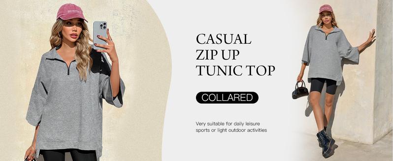 FISOEW Womens Oversized Sweatshirt Casual Zip Up V Neck 3/4 Sleeve High Low Pullover Tunic Tops Fit Hoodie y2k outfits school outfits Womenswear Black Style Zipper Basic