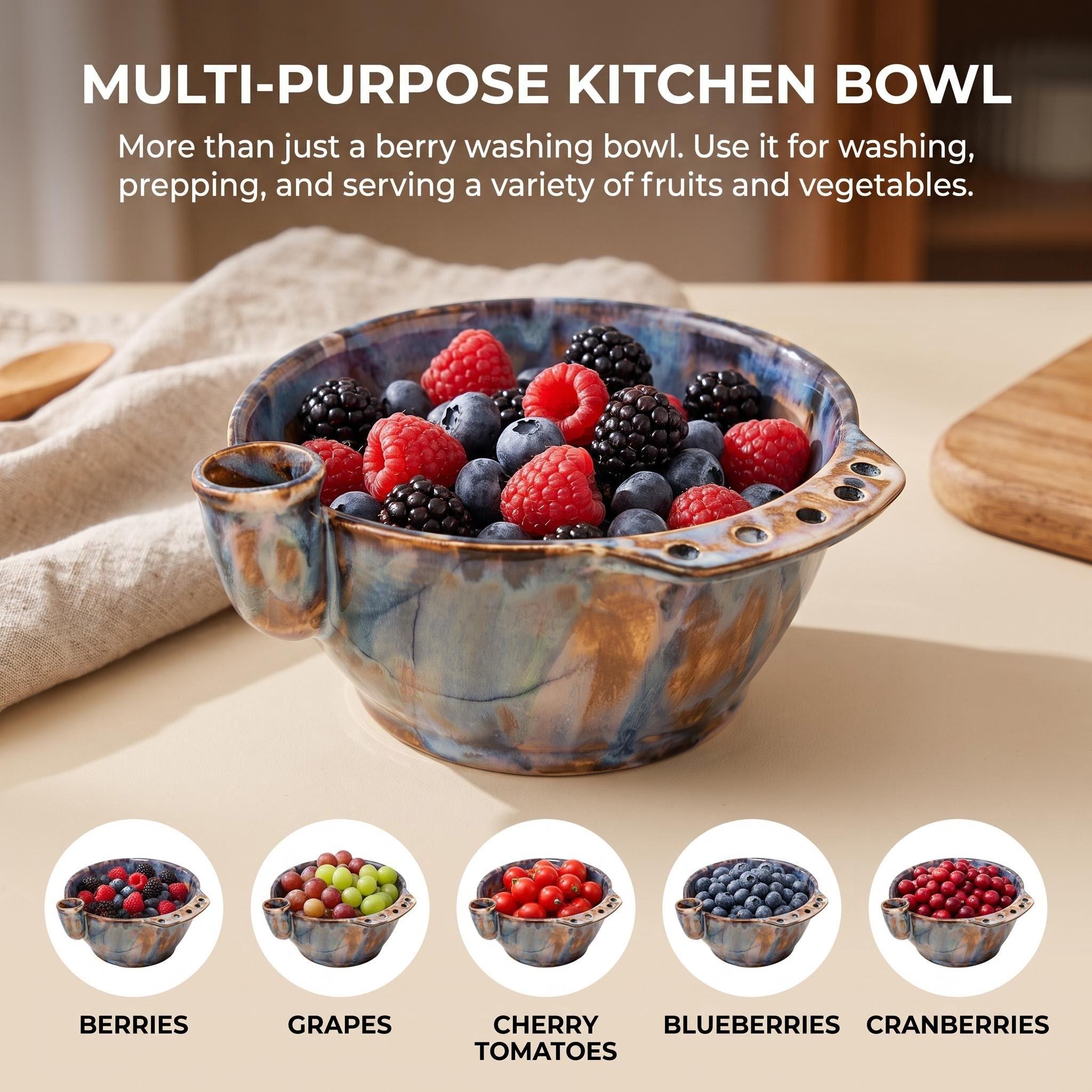A ceramic berry cleaning bowl with automatic water flow vortex, fruit rinsing and draining bowl, handcrafted-style aesthetic kitchen gift, berry cleaning tool, no more hand-washing fruits, perfect gift item