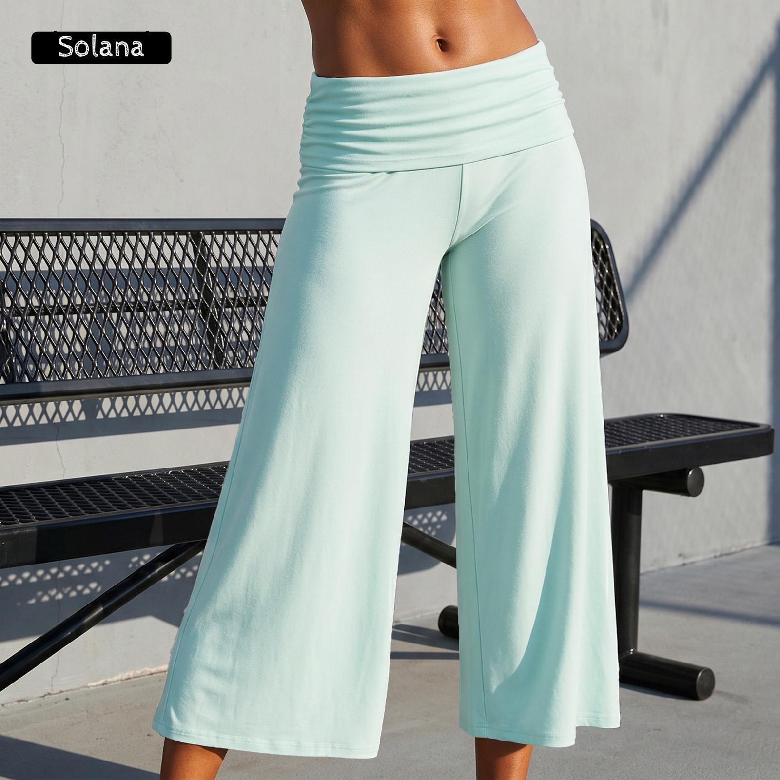 Women Summer Fold Over Wide Leg Capri Pants Low Rise Lounge Yoga Flare Culottes Y2k Soft Flowy Crop Palazzo Pants Beach