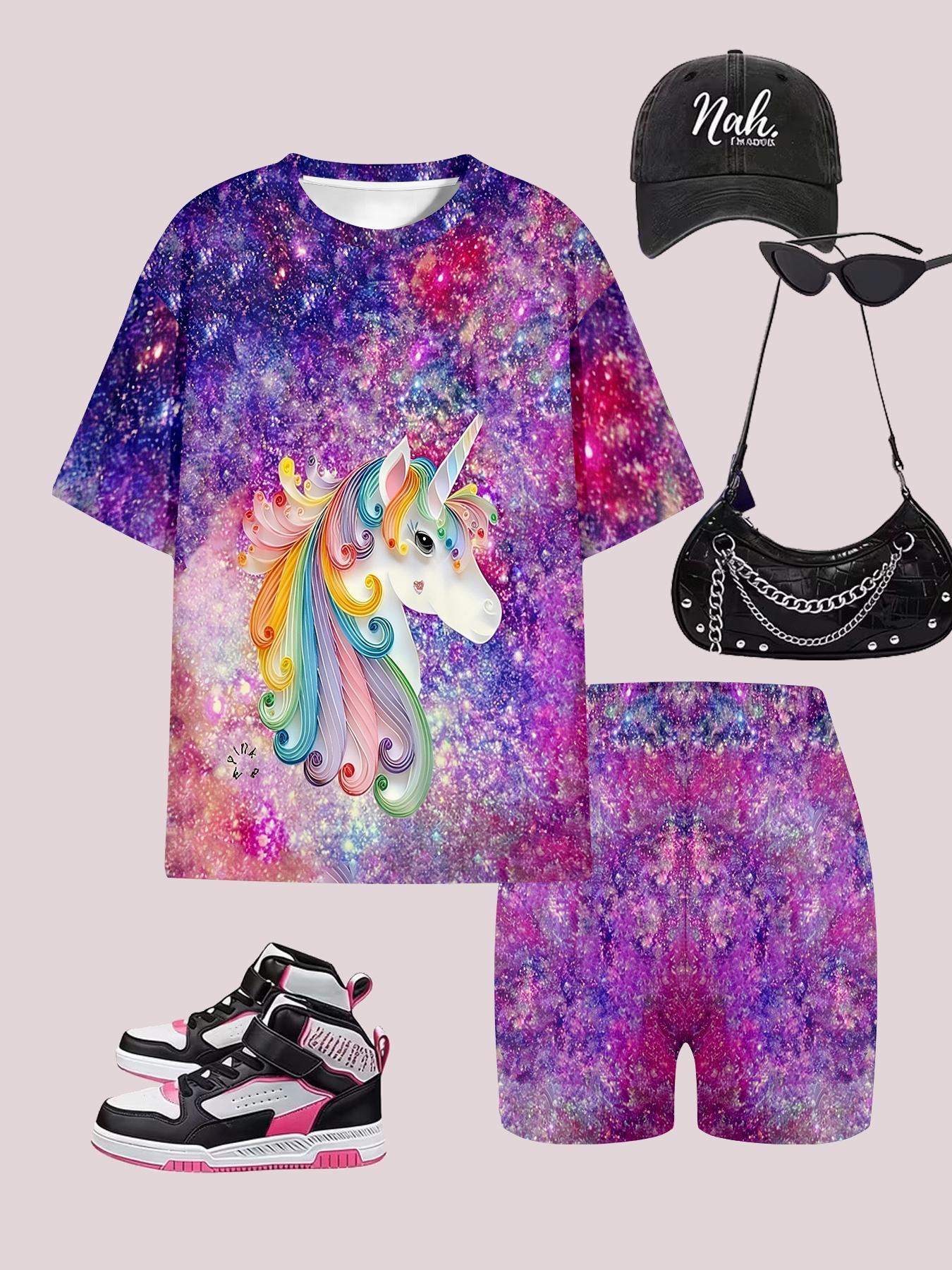 Girls Summer Rainbow Unicorn Galaxy Print Set, Kids Stylish Short Sleeve & Shorts Two-Piece Outfit