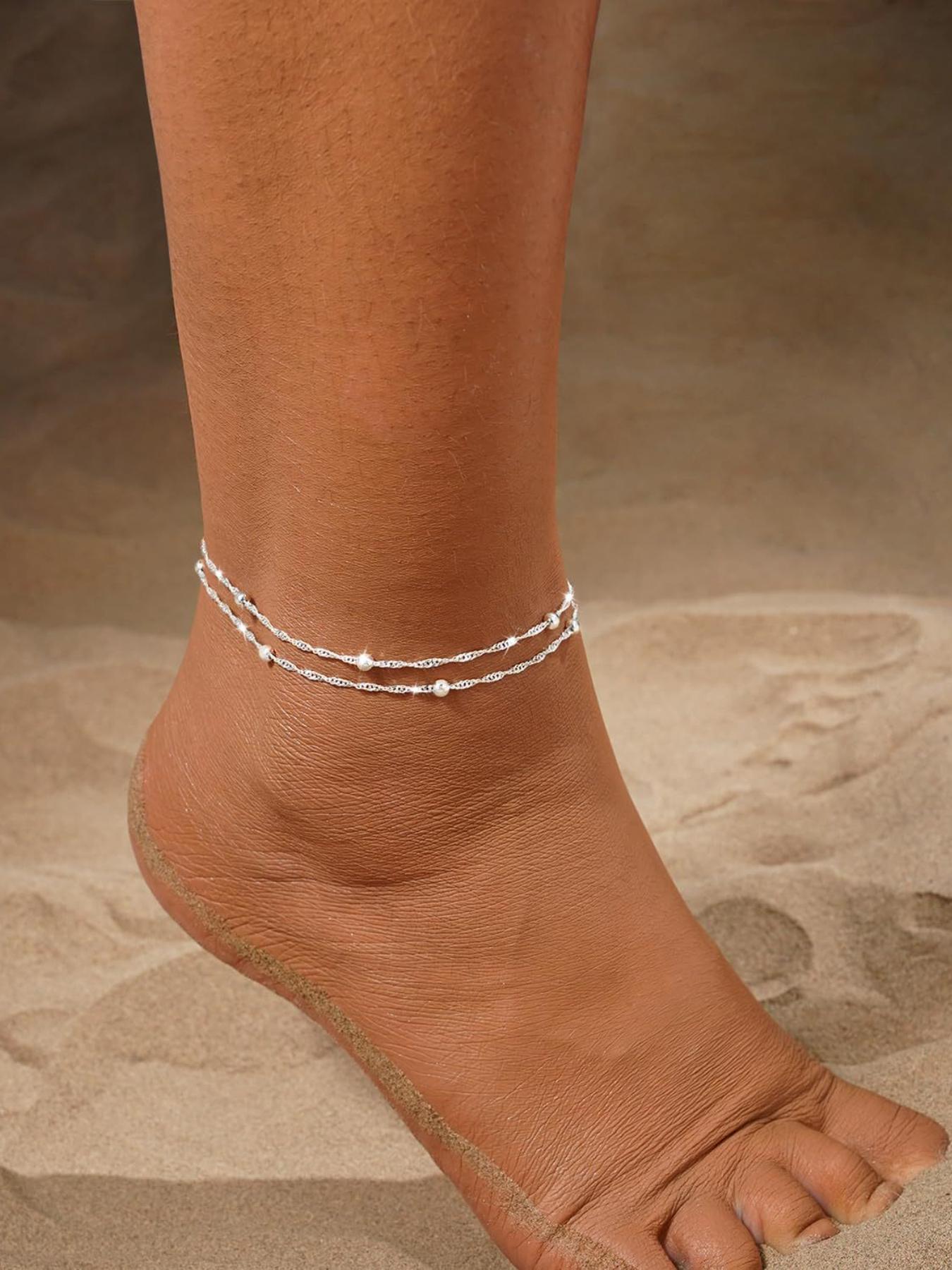 Bohemian-Style Women'S Ankle Bracelet with a Double-Layer Chain And Beads, Waterproof Alloy Elegant Anklet Bracelet for Women - Matte Finish, Daily & Gift Occasion, All Seasons Compatible, Beach-Friendly Jewelry