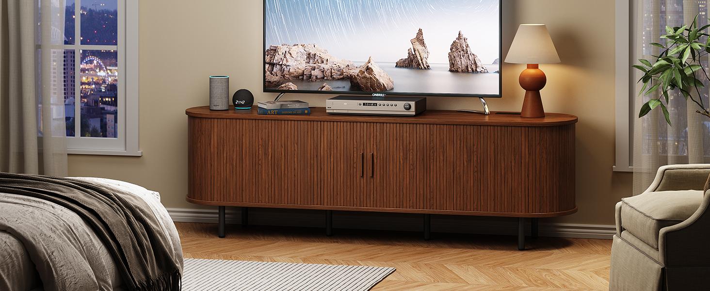 【SPOTLIGHT DAY】ONBRILL 69" TV Stand with Power Outlet for TVs up to 80", Entertainment Center with Storage and Drawer, TV Console with Adjustable Shelves and Sliding Door, TV Stand for Living Room, Bedroom