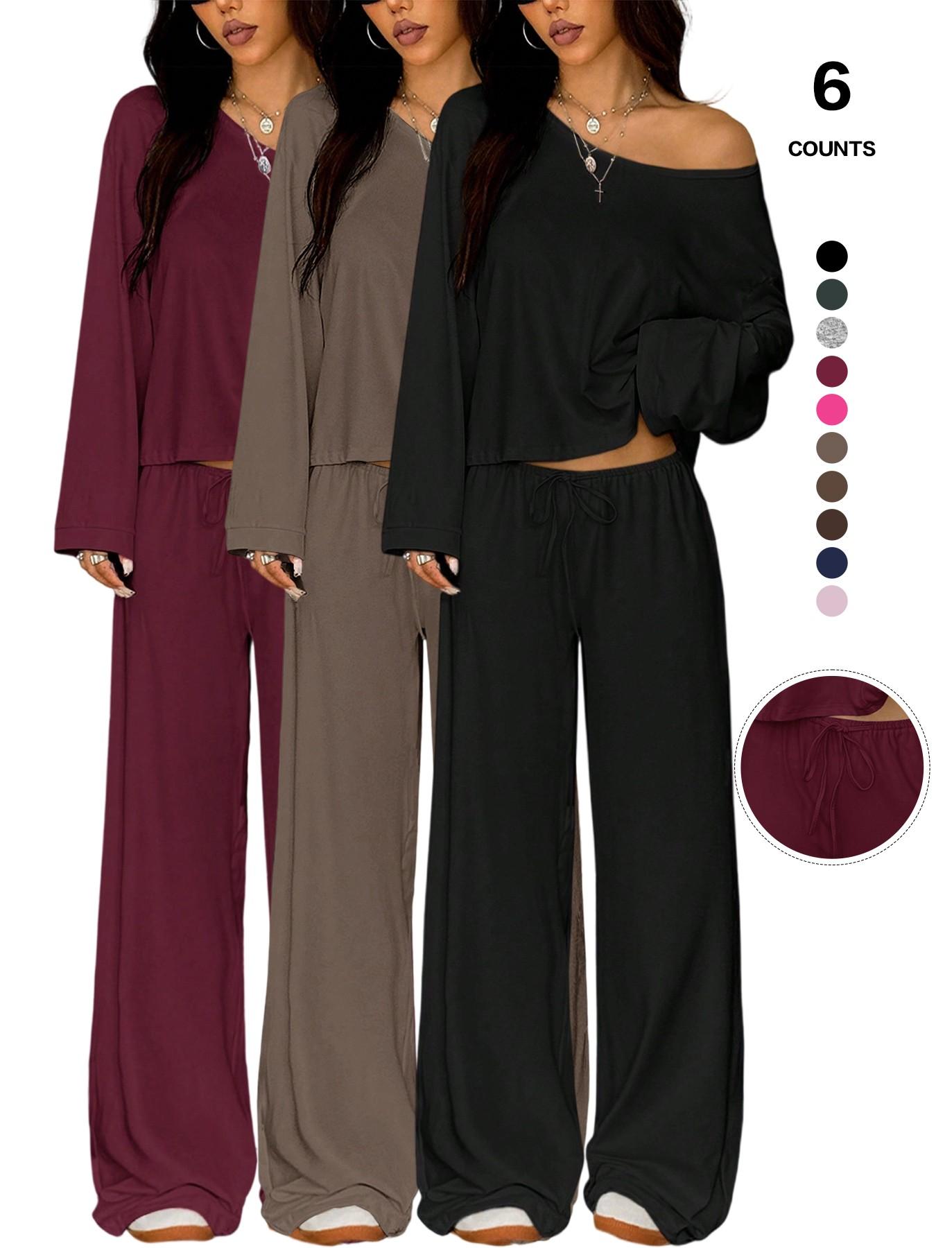 French Minimal Chic Cold Shoulder Cutout Two Piece Set, Summer Casual Loose Cropped Top & High Waist Adjustable Drawstring Trousers, Figure-Flattering Loungewear