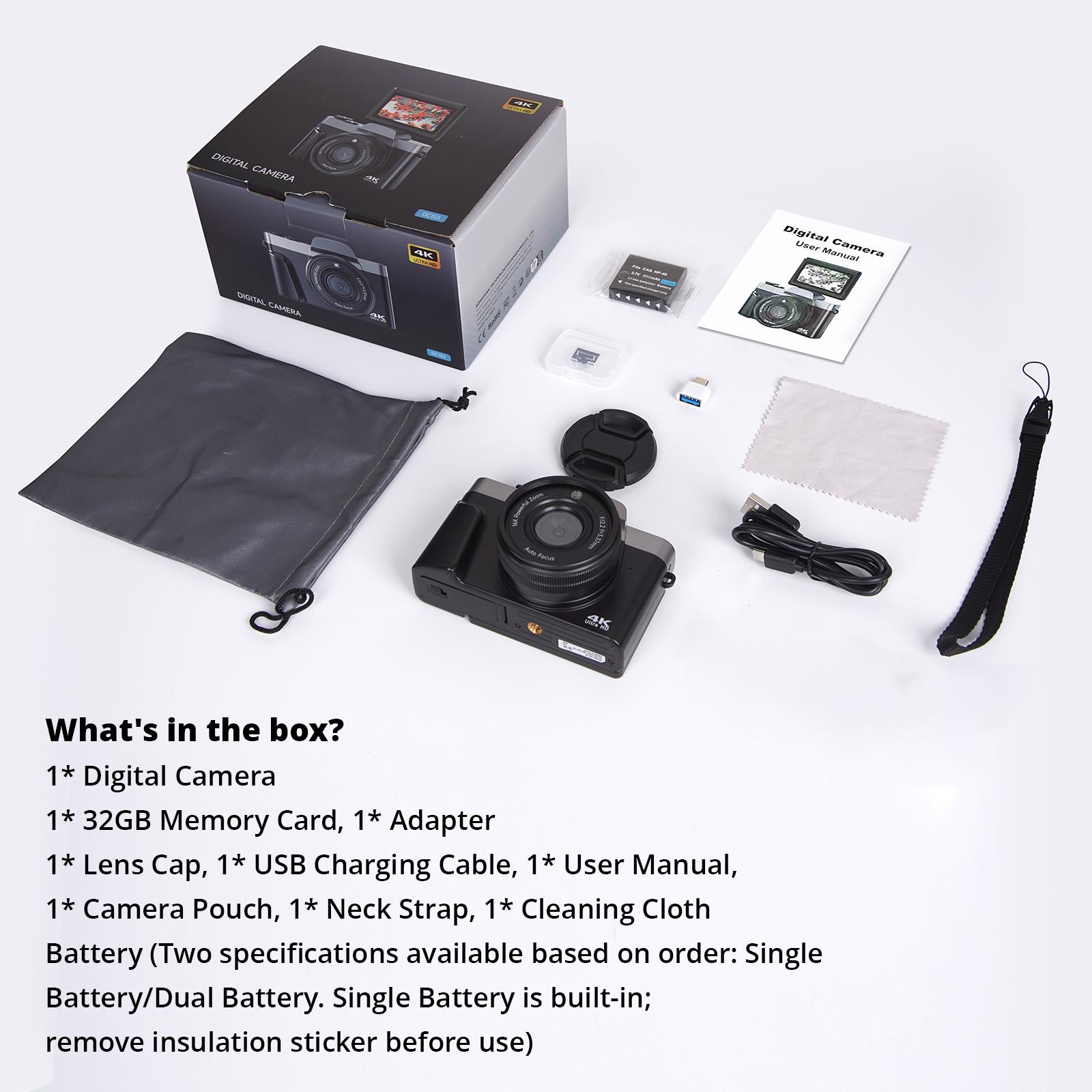 4K Photography Digital Camera, 64mp Auto Focus, 180° Screen Flip, 16x Digital Zoom, Flash, 32GB Memory Card, Travel Life Recording