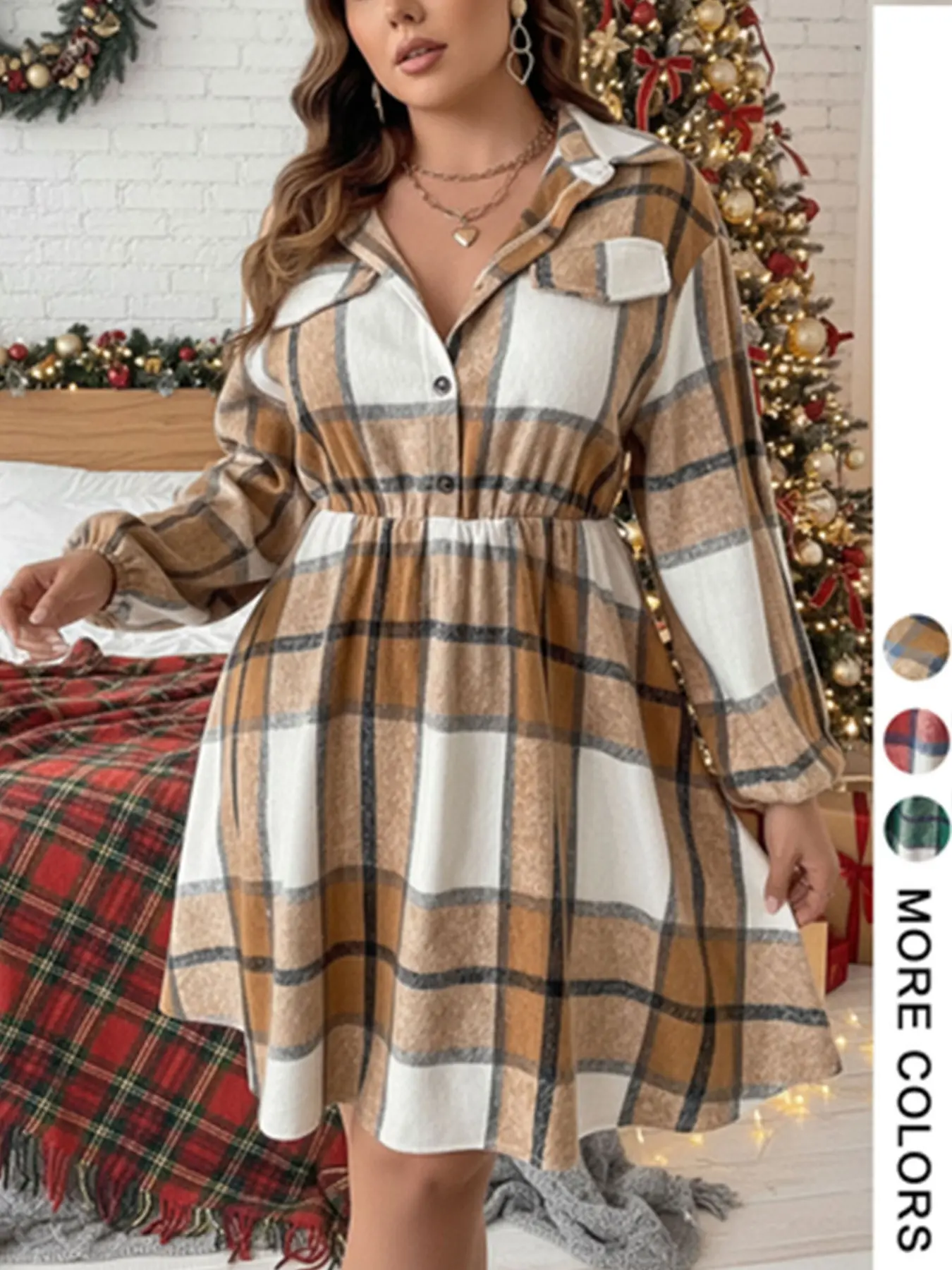 Women's Plus Size Plaid Shirt Dress, Feminine Long Sleeve Button Front Casual Short Skirt, Fall & Winter Fashion, Fitted Moderate Fabric