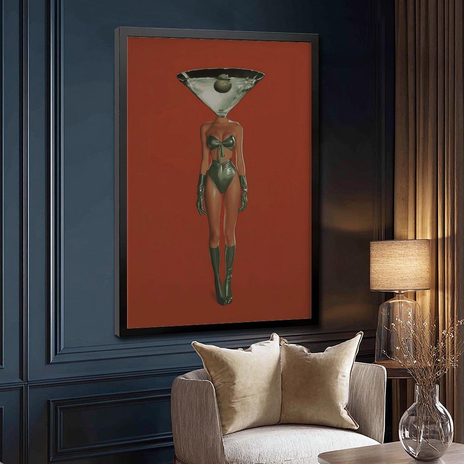 Vintage Dirty Martini Cocktail Print - Retro Bar Cart Decor, Red Wall Piece with Woman & Retro Drink, Aesthetic Canvas Poster for Bedroom, Funky Home Decor, Anime Wall Accent