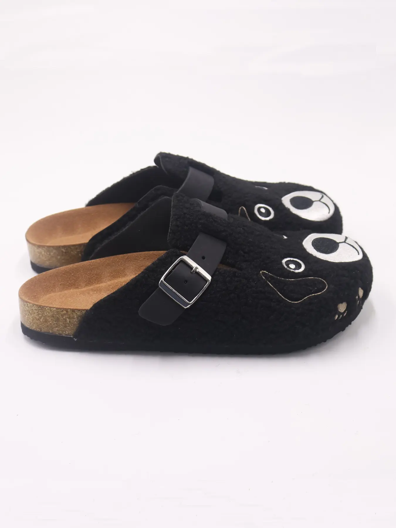 Men's Y2K Cartoon Bear Embroidered Fleece Clogs | Cute Sherpa Cork Sole Mules Fuzzy Slip On Shoes