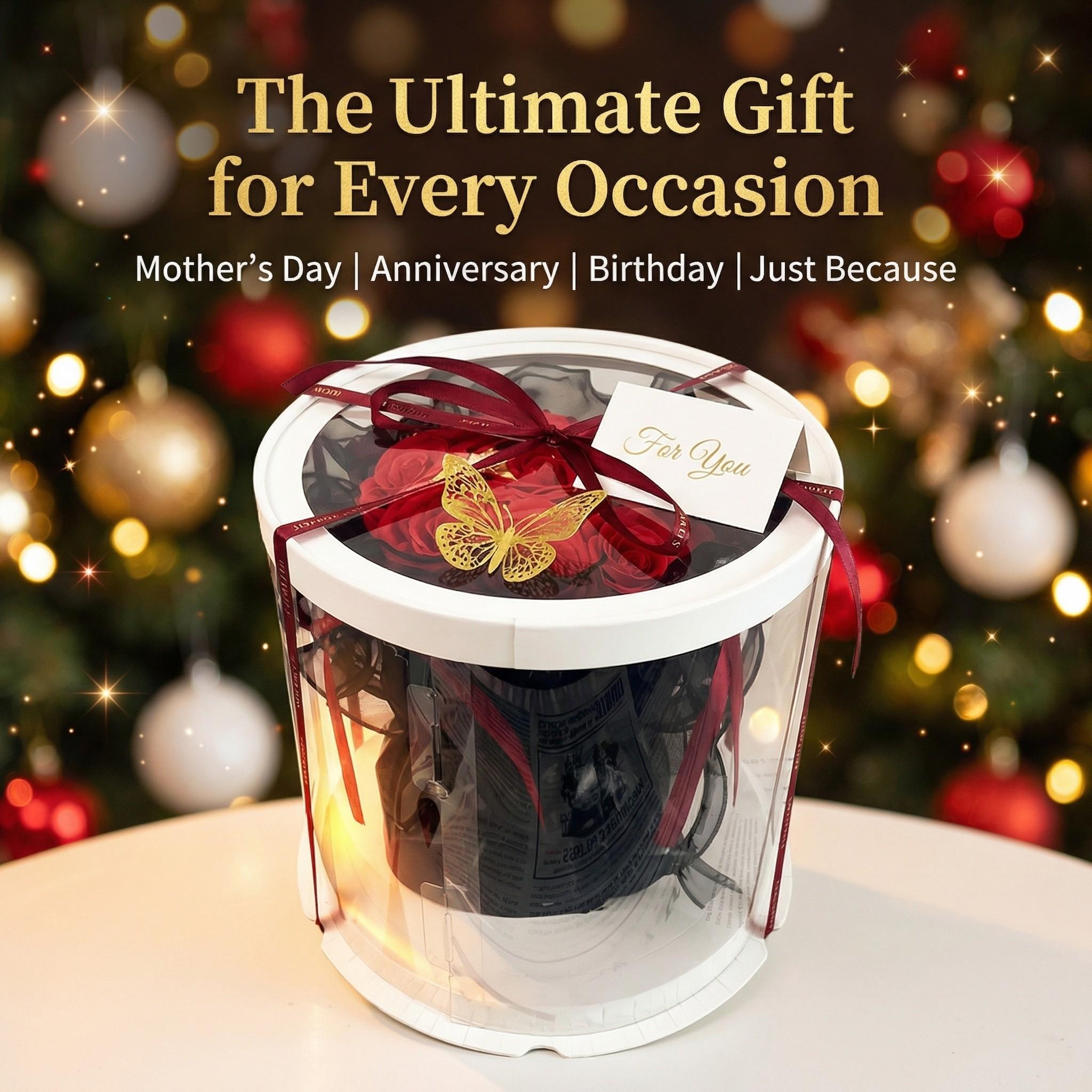 Ballet Butterfly Ribbon Rose Artificial Bouquet in Cylinder Gift Box, Perfect Mother's Day Gift, Ideal for Valentine's Day, Graduation, Birthday & Wedding