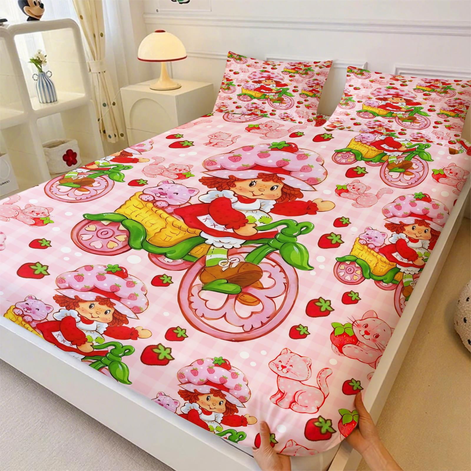Q Version Strawberry Sweetheart Cartoon Fitted Sheet Set & 2 Pillowcases No Core, Wavy Stripe Design Paired with Cute Cartoon Characters, Soft Anti-Slip Wrinkle-Resistant, Girls' Bedroom Decor, Gift Choice