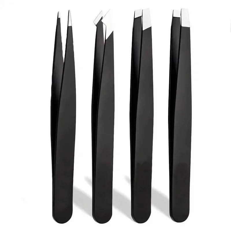 4-Piece Eyebrow Tweezers Set, Stainless Steel Slant Tip Tweezers for Men & Women, Precision Grooming Tool Kit, Eyebrow Styling Kit, Cosmetic Makeup Tool, Single Item Pack
