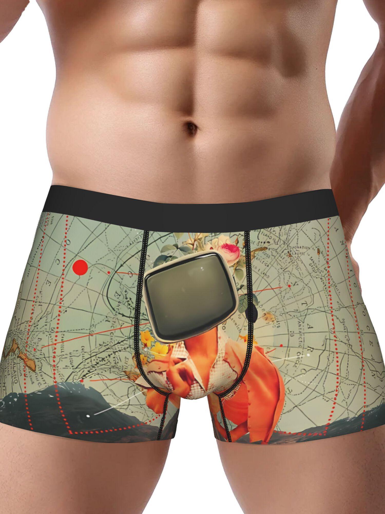 BIIHUDU Men'S Antarctic Broadcast Boxer Briefs - Stretchy Polyester Underwear with Satellite Dish & Floral Print, Comfort Fit