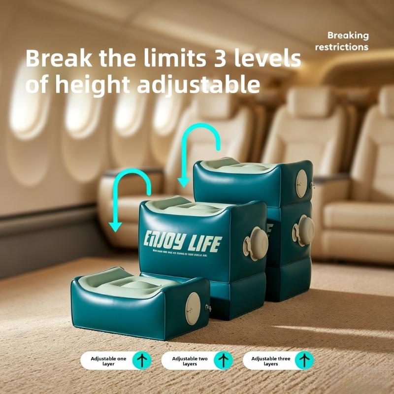 Portable inflatable foot mat pillow, adjustable height PVC travel footrest, suitable for airplanes, trains, cars, home, and office, ergonomically designed leg elevation pad, ideal for long flights, sleeping, relaxing, reducing swelling and fatigue