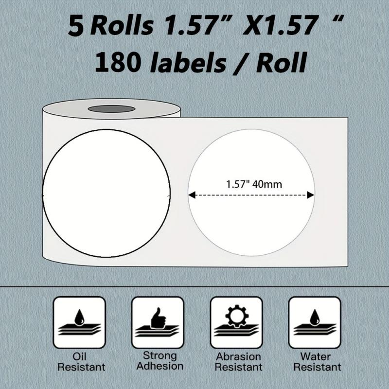 5-roll pack of 30 * 30mm/40 * 40mm/50 * 50mm white circular label paper, universal Phomemo M110/M120/M200/M220, commercial label using Phomemo M110 hot circular label, DIY logo design using label, name label,