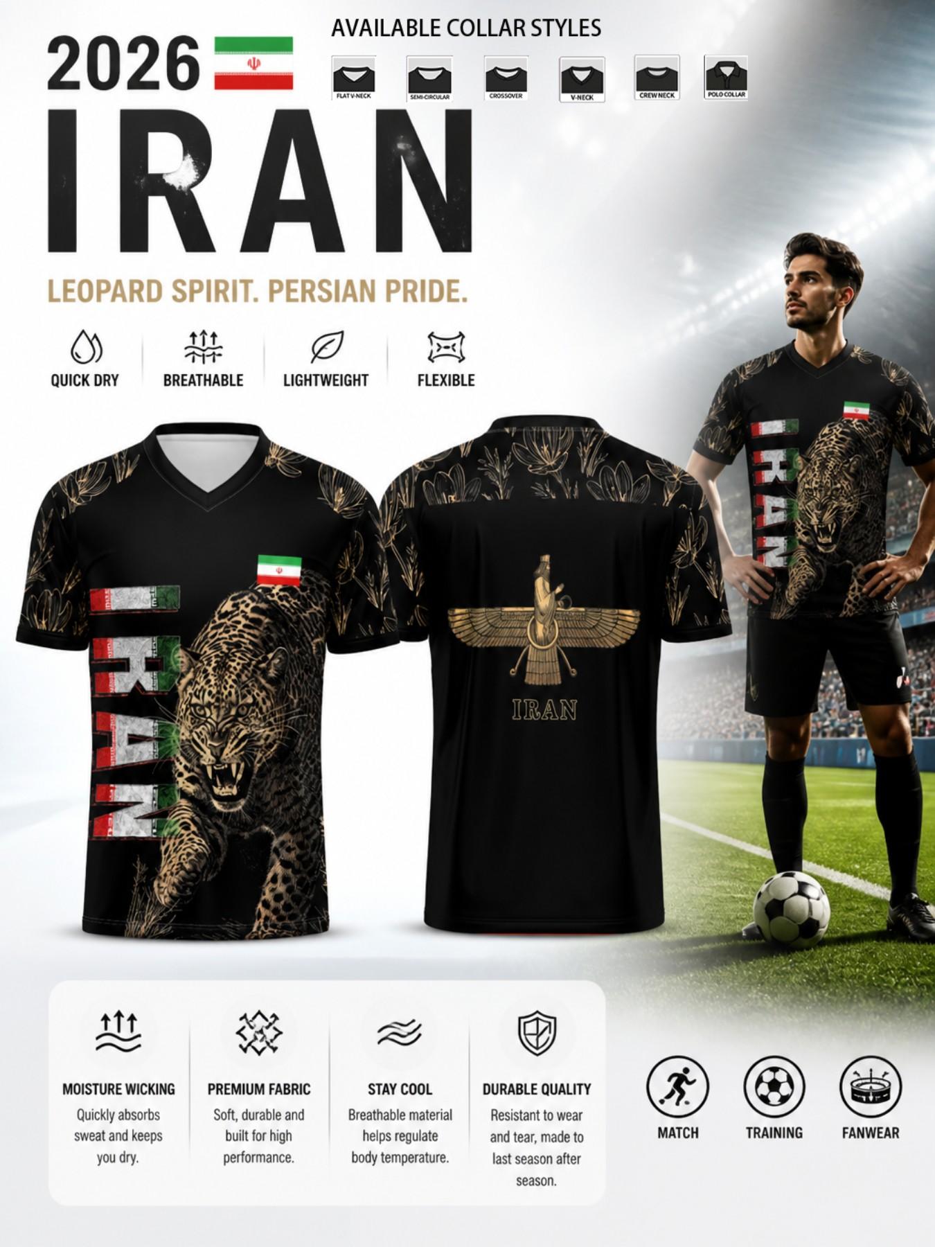 2026 Iran Soccer Jersey, Mesh Wah Bird Print, Quick-Dry Breathable Sportswear, Durable Training Tee for Fans