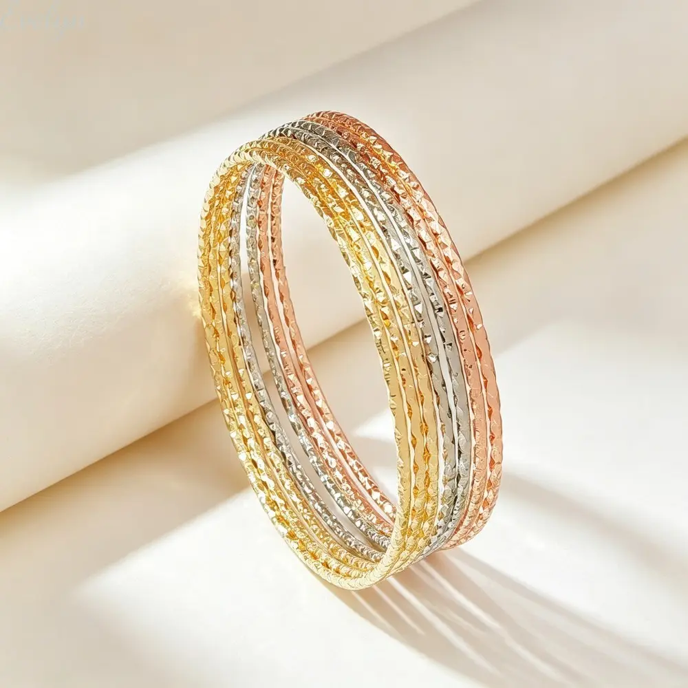Women Stackable Thin Bangle Bracelets, Tri Color Hammered Textured Skinny Bangle Set, Gold Silver Rose Gold Minimalist Layer Metal Bangles, Lightweight Comfort Fit Layerable Jewelry, Daily Party Vacation Birthday Gift For Ladies