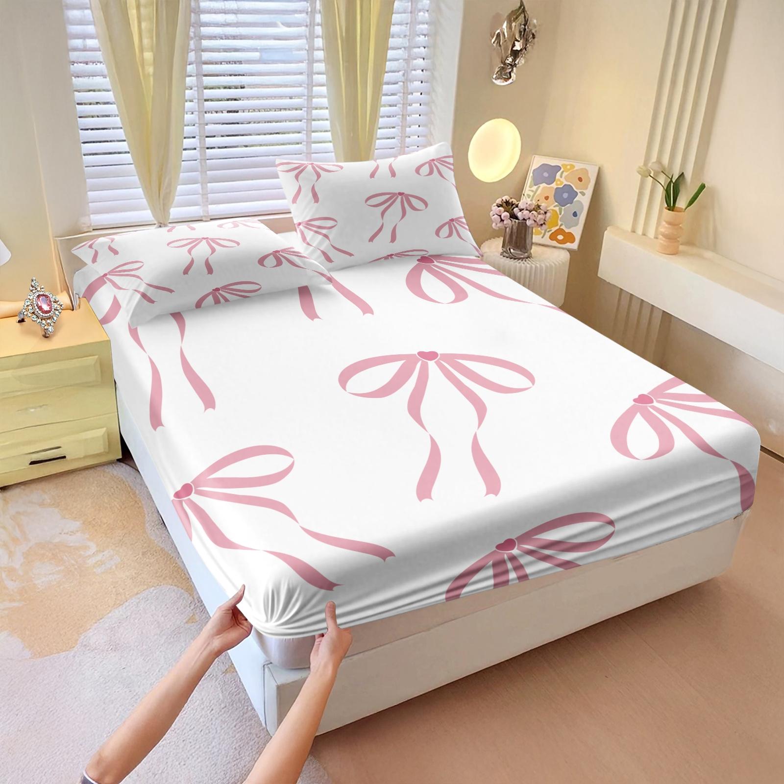 3PCS Cute Romantic Sweet Bow Fitted Sheet Set, Soft Cozy Aesthetic Bedding with Elastic All Around for Mattress, Housewarming Birthday Valentine's Day Christmas Gift for Her