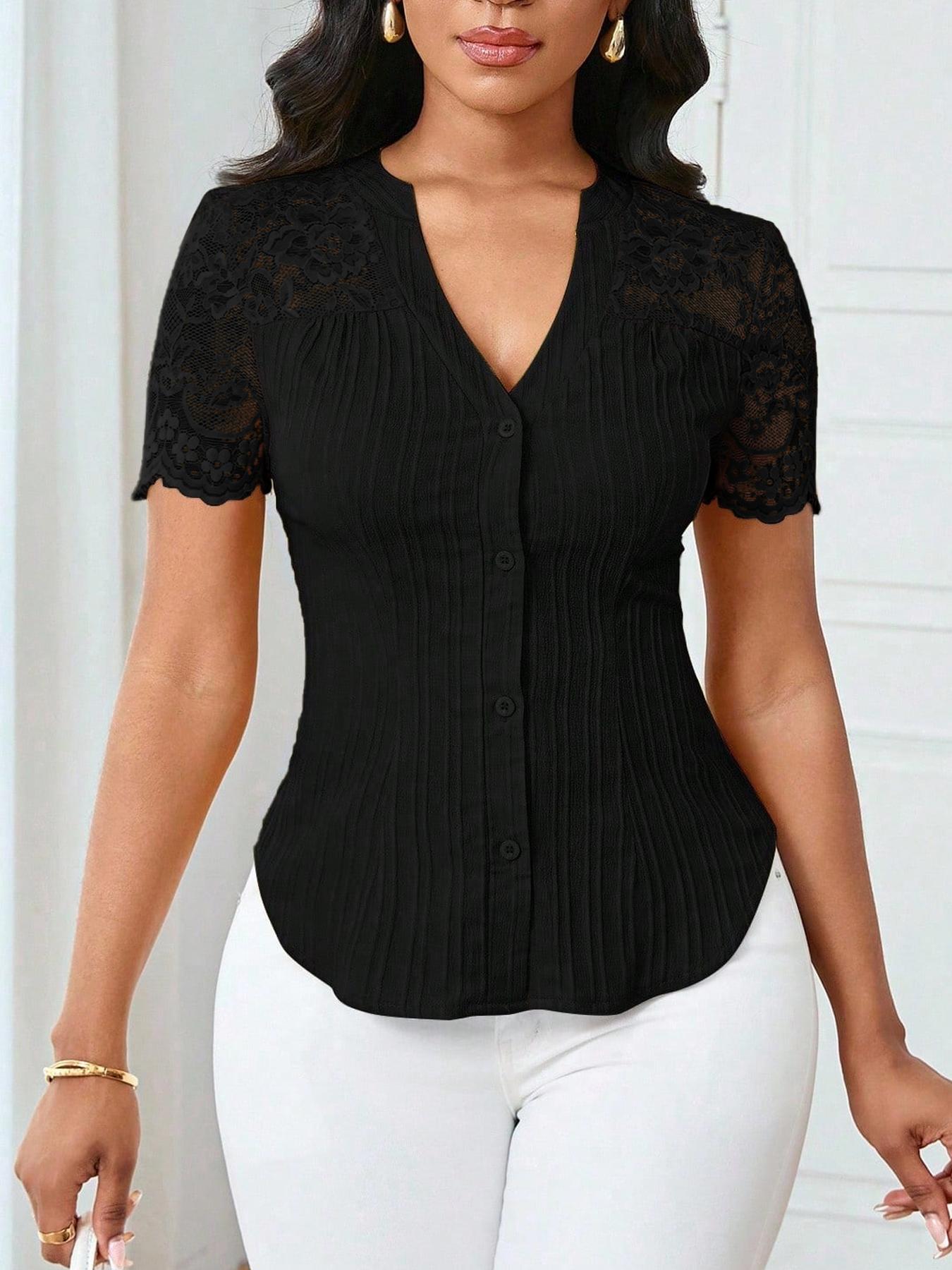 Women's Solid Color Simple Fitted Commuter Casual Shirt Summer Style, Ladies Plain Design Office Wear, Comfortable and Stylish Blouse