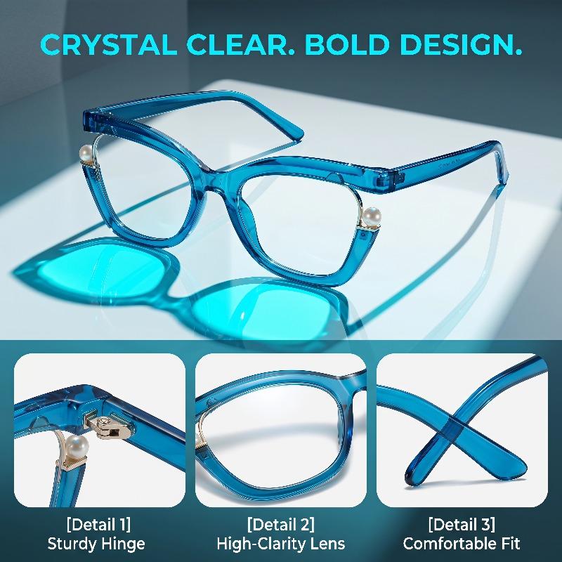 Stylish, oversized unisex glasses featuring a distinctive colorful cat-eye design, pearl accents, and a gradient frame. Equipped with metal hinges, they are ideal for computer use, reading, and everyday wear.