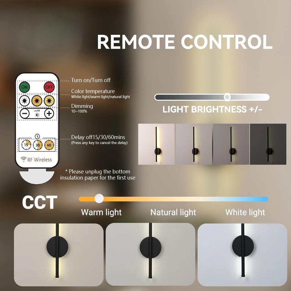 Wireless Wall Lamp, 19.69-inch Black Line Wall Lamp, Touch and Remote Control Switch, 2-Way Installation, For Bedrooms, Staircases, Hallways, Living Rooms, Indoor Lighting Fixture