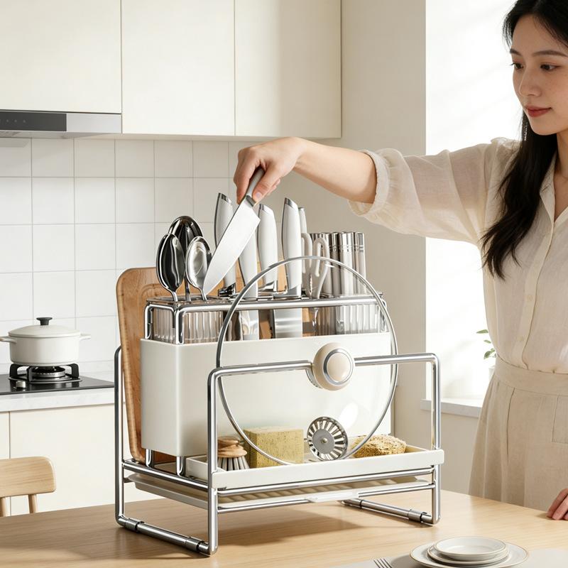 1PC 304 Stainless Steel All-in-One Kitchen Organizer Rack, Multifunctional Storage for Knives, Cutting Boards, Chopsticks, Spatulas, Ladles & Utensils, Countertop/ Wall-Mounted Knife Block with Drainage