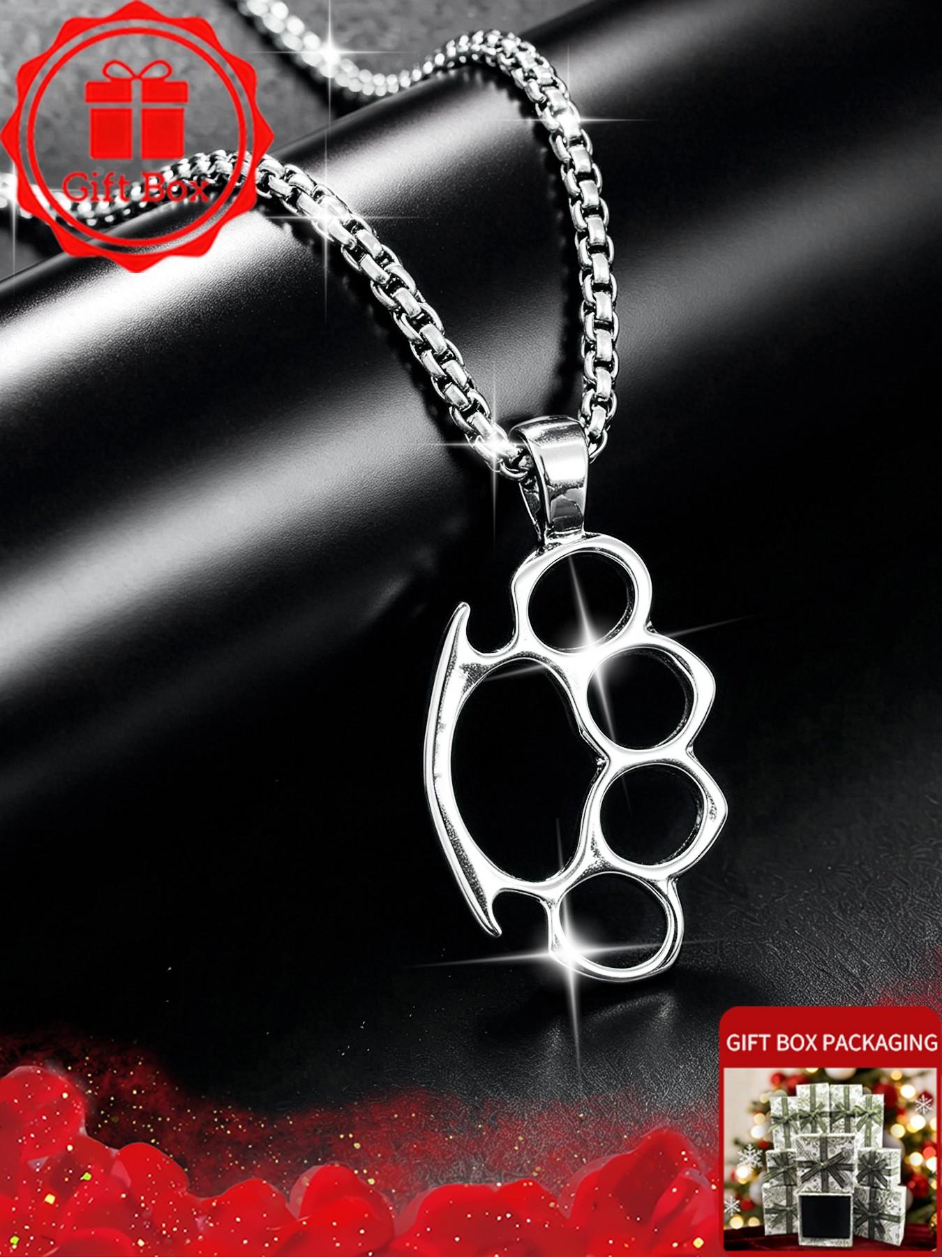 Silver Knuckle Pendant Necklace with Gift Box, Chain Necklaces, Vintage Knuckle Duster Choker, Punk Box Chain Jewelry for Men Women, Unisex Grunge Outfits Clothing Accessories, Birthday Christmas Valentine Gift for Boyfriend Son Husband Her