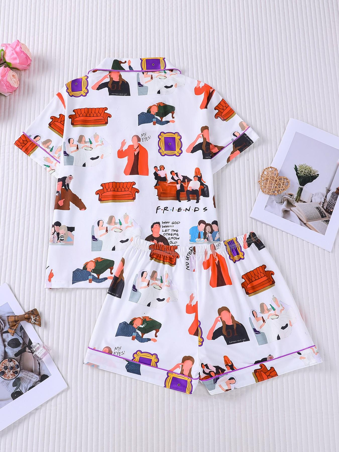 2 Piece Women's Pajamas Set, Friends TV Show Print Short Sleeve Sleepwear, White Lapel Button Down Top with Pocket, Elastic Waist Shorts, Soft Comfy Casual Loungewear for All Seasons, Daily Homewear for Women