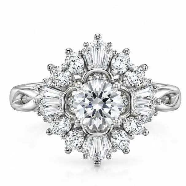 Loveden Sunburst Floral Halo Moissanite Engagement Ring for Women, Round Brilliant‑Cut Center Moissanite Promise Ring, Twisted Infinity Braided Shank, Mixed Round & Tapered Baguette Accent Stones,Vintage Statement Jewelry Gift for Anniversary,Birthday