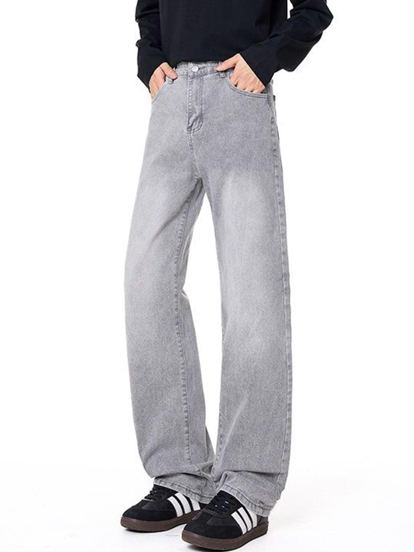 Men’s Light Gray Washed Jacquard Jeans, Loose Straight Leg Relaxed Fit Denim Pants for Casual Y2K Streetwear