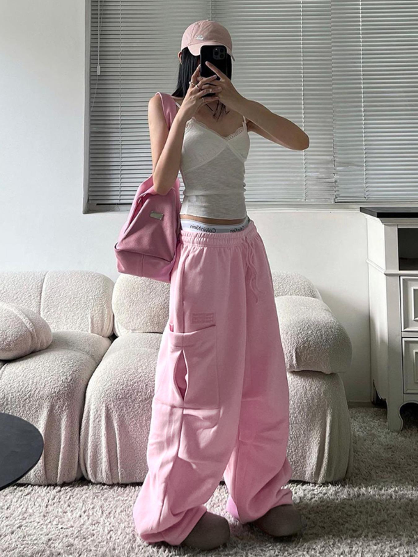 Women's Plain Drawstring Waist Cargo Pants, Casual Pocket Wide Leg Trousers for Daily Wear, Ladies Bottoms for All Seasons