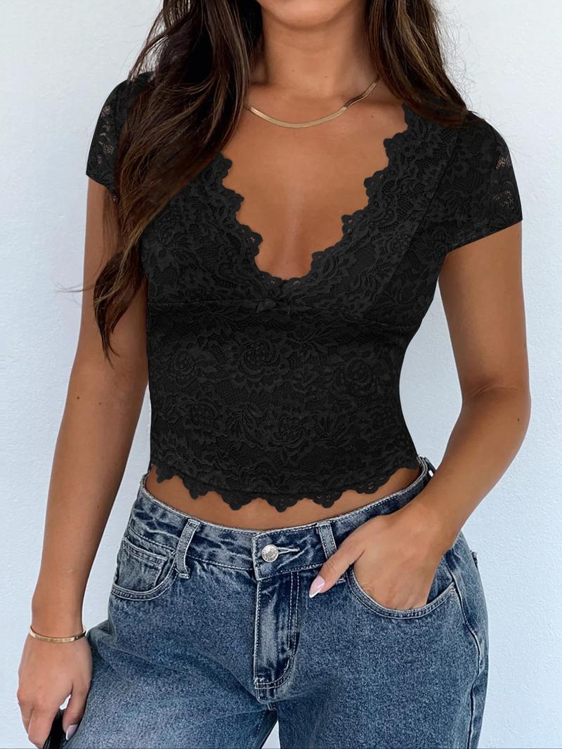 Spring Summer Y2K Sexy Slim Fit V Neck Lace Patchwork Bow Hollow Out Short Sleeve T-Shirt, Women's Fashion Casual Top