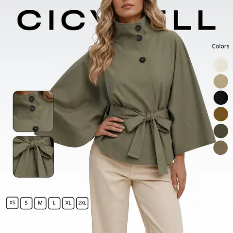 Cicy Bell Women's Cropped Trench Coat Cape Sleeve Stand Collar Belted Jacket | Loose Fit, Long Sleeve, Fall Outerwear, Half Button Down, Tie Belt, Trendy Casual, Cinched Waist