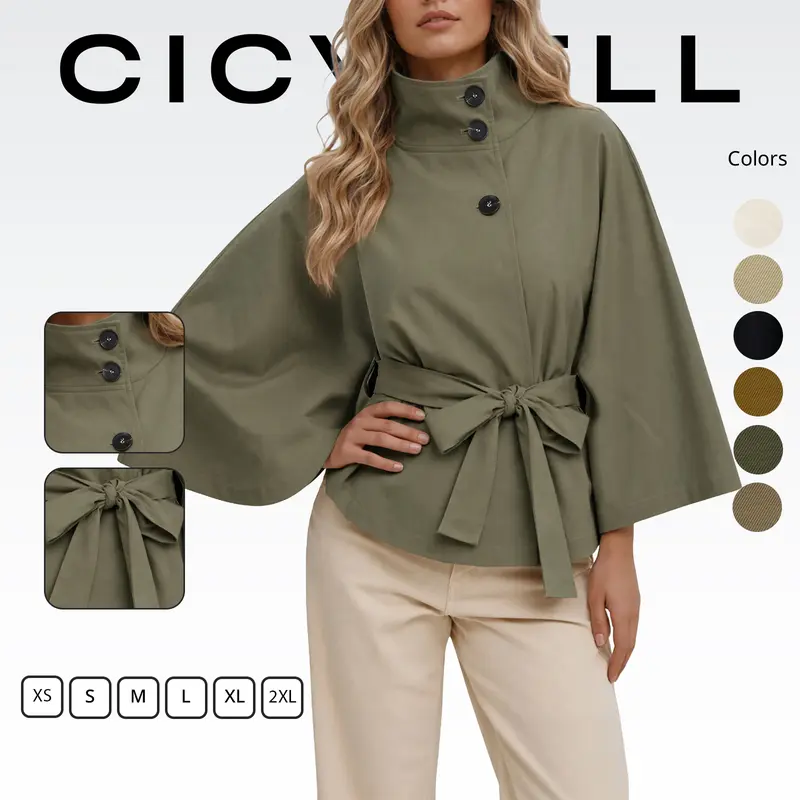 Cicy Bell Women's Cropped Trench Coat Cape Sleeve Stand Collar Belted Jacket | Loose Fit, Long Sleeve, Fall Outerwear, Half Button Down, Tie Belt, Trendy Casual, Cinched Waist